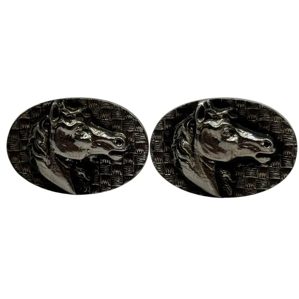 Horse‎ Mustang Cufflinks Vintage Silver Tone Oval Bullet Back Textured Stallion